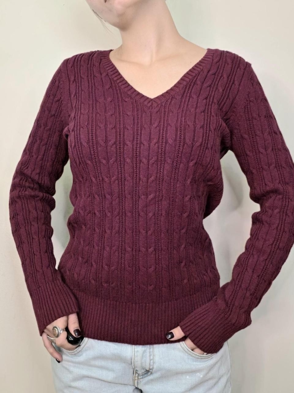 90s Vintage burgundy cable knit sweater Size M Cozy - Picture 4 of 7